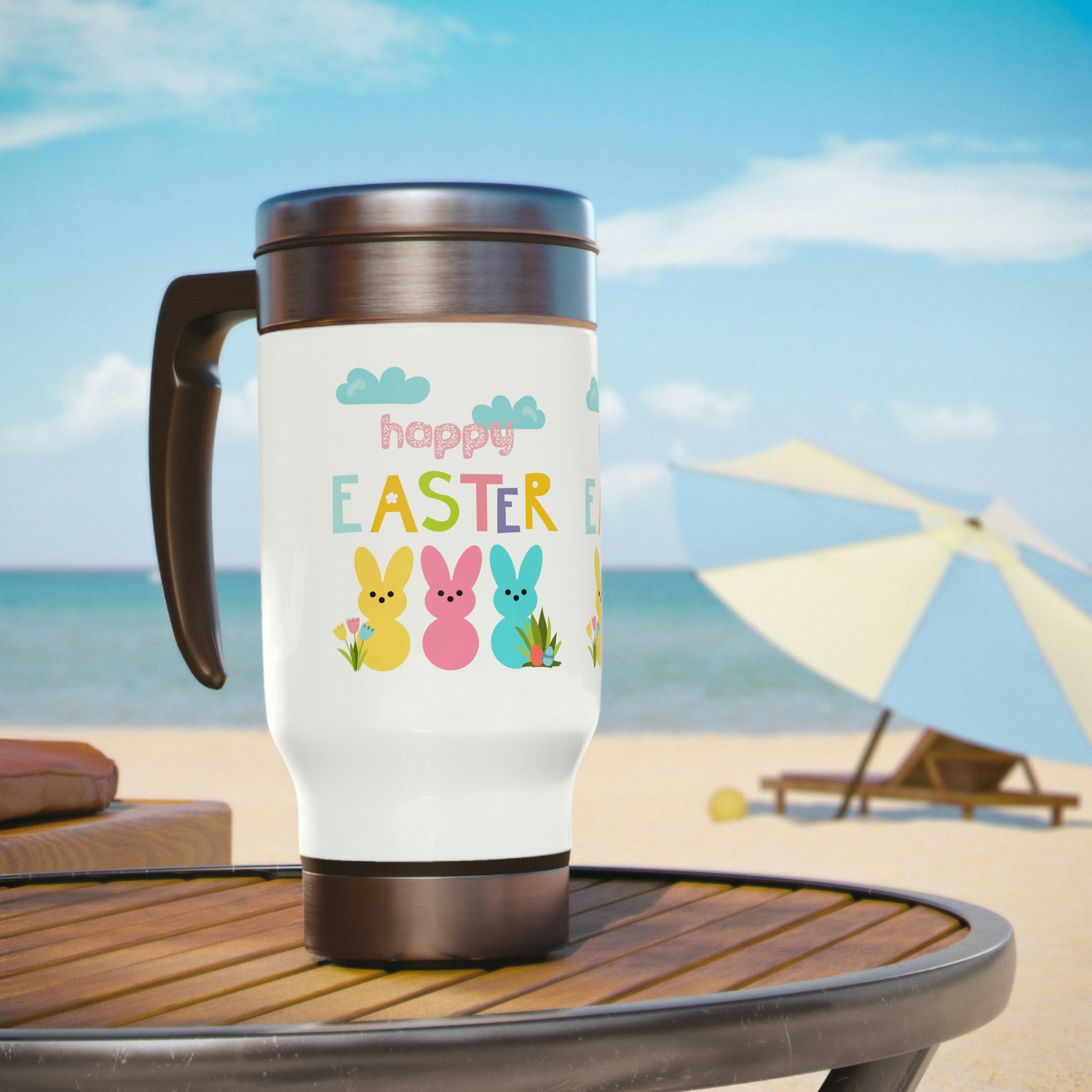 Happy Easter Bunny Stainless Steel Travel Mug with Handle, 14oz