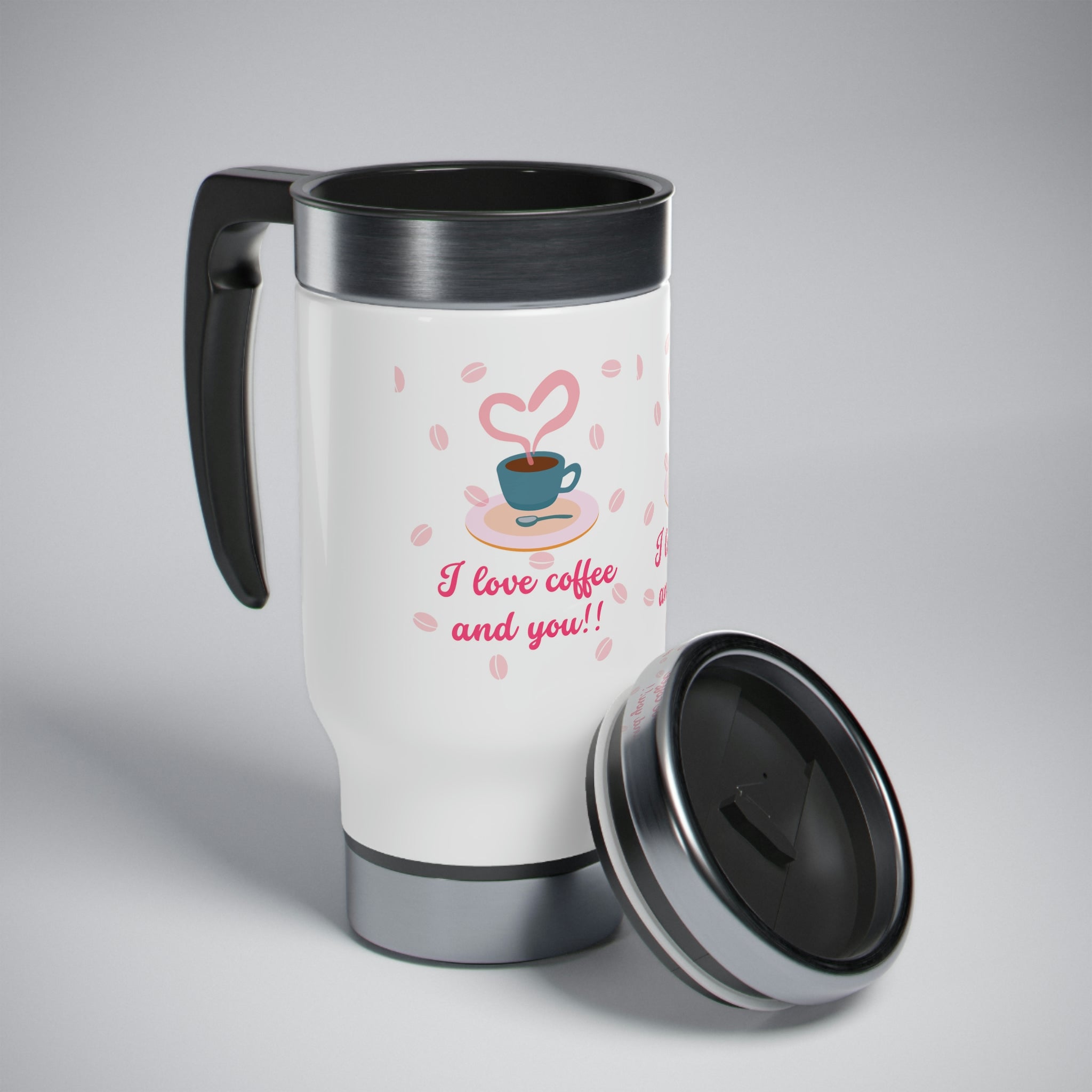 I Love Coffee & You!! Stainless Steel Travel Mug with Handle, 14oz