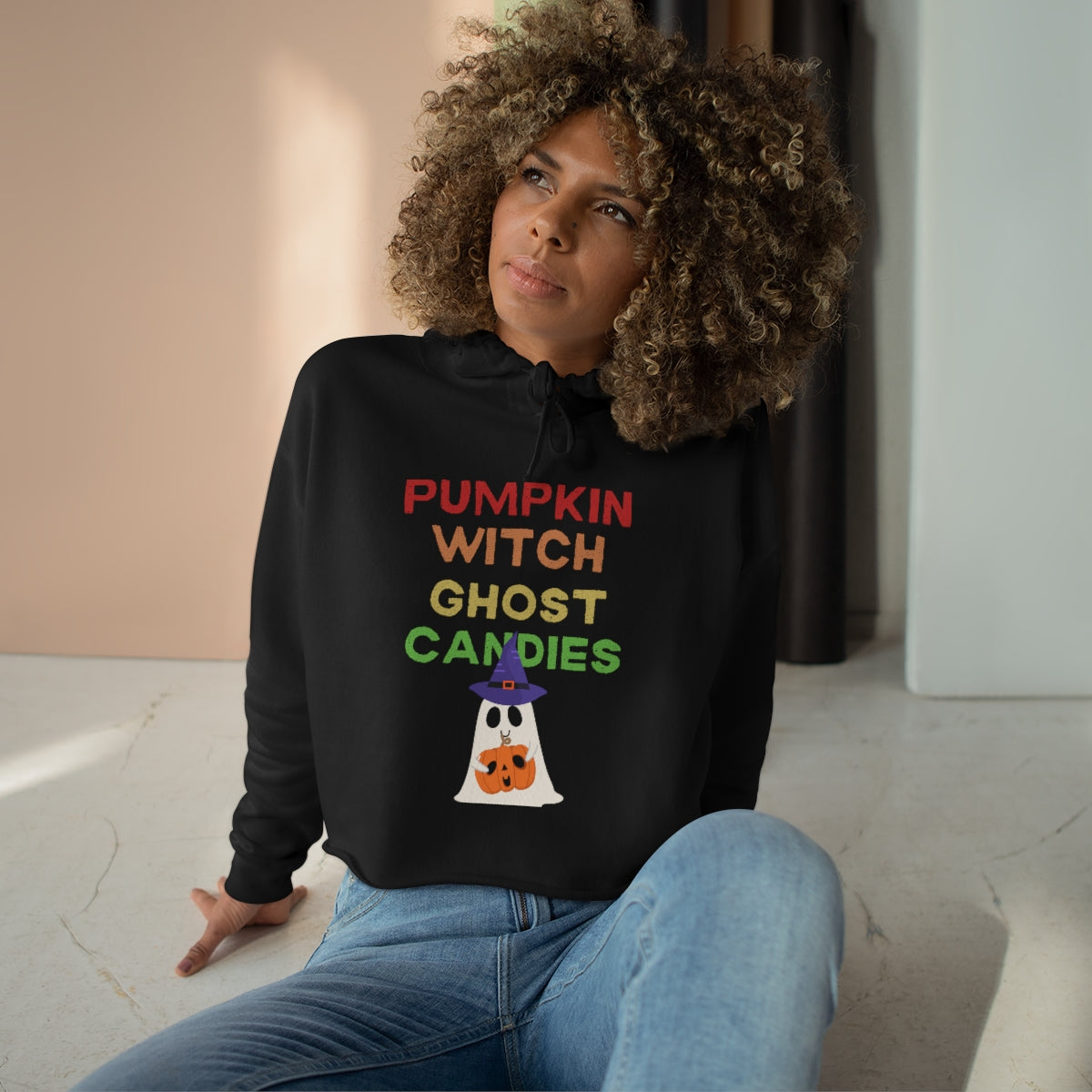 Pumpkin Witch Ghost Candies Crop Hoodie