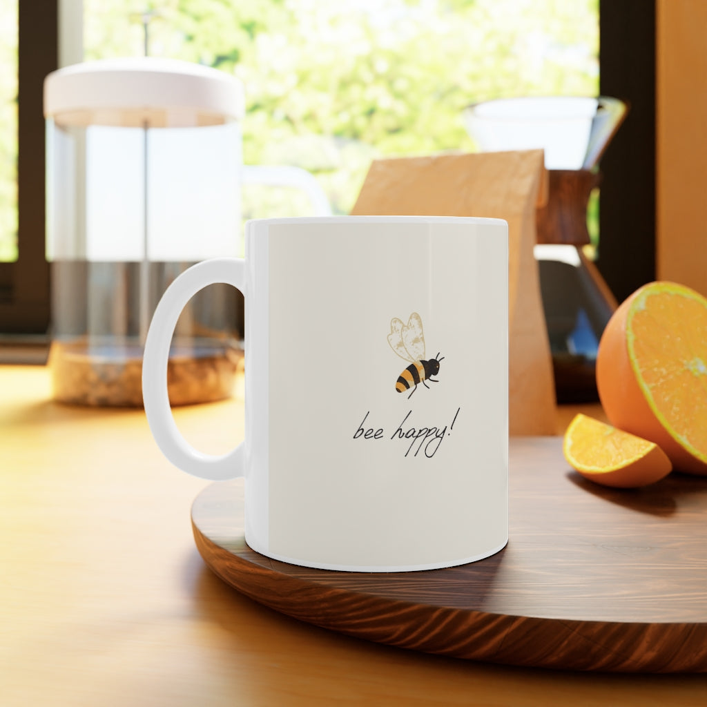 Bee Happy White Ceramic Mug, 11oz and 15oz